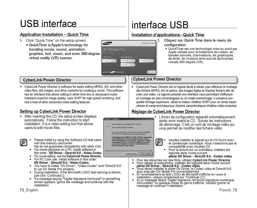 Samsung SC-MX10P user manual Application Installation Quick Time, Setting up CyberLink Power Director 