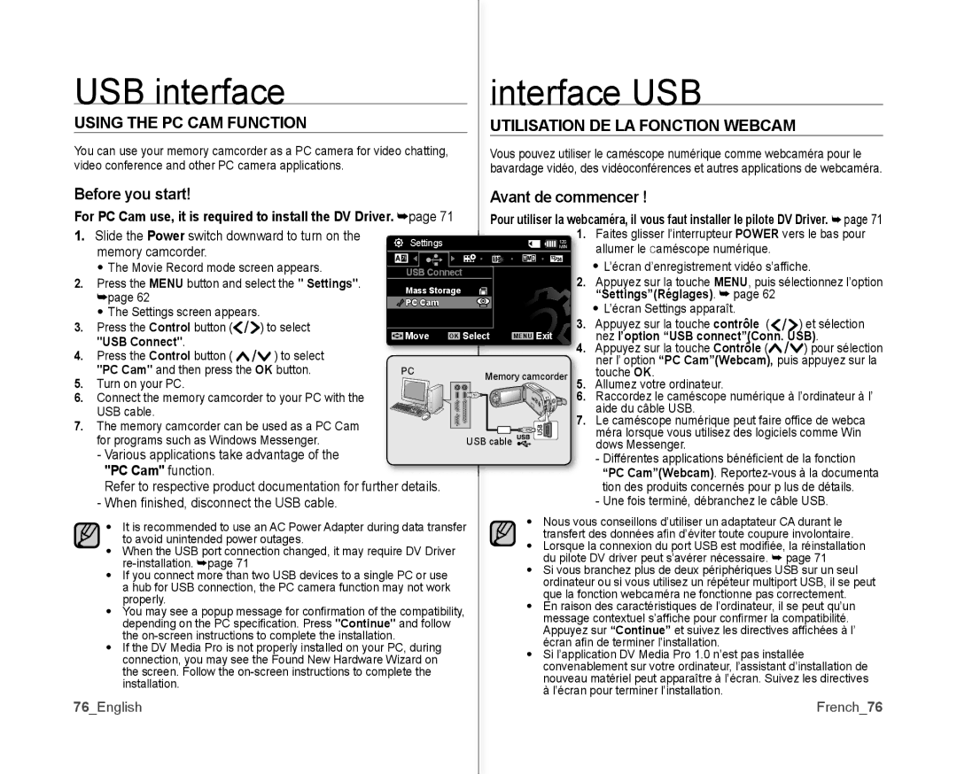 Samsung SC-MX10P Using the PC CAM Function, Before you start Avant de commencer, PC Cam function, 76English French76 