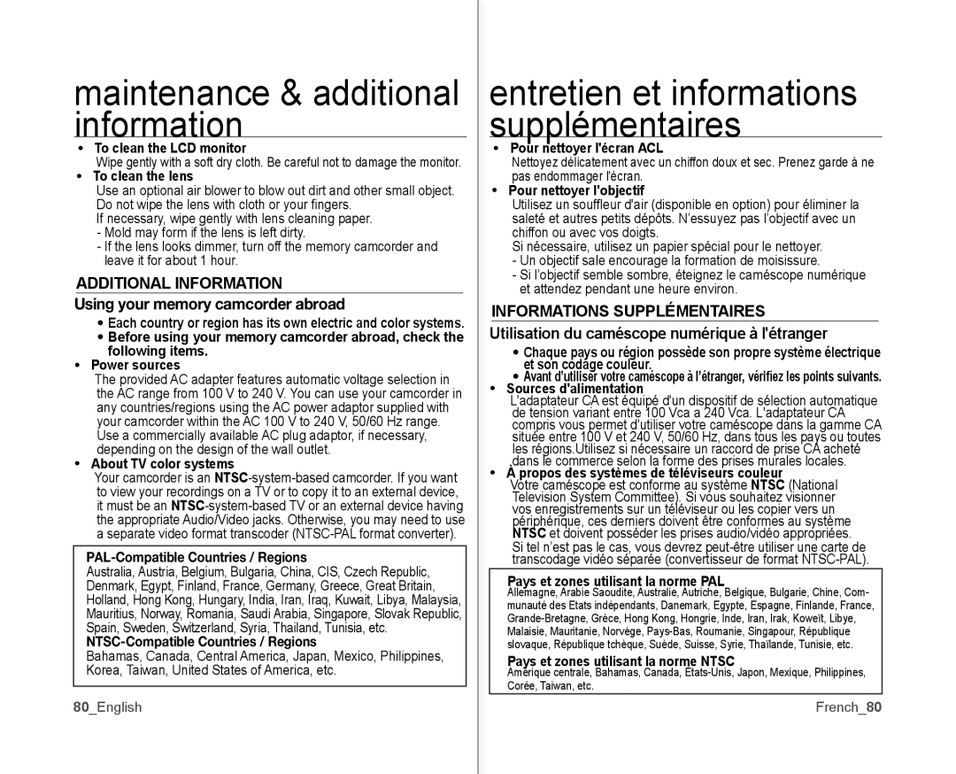 Samsung SC-MX10P user manual Additional Information, Using your memory camcorder abroad 