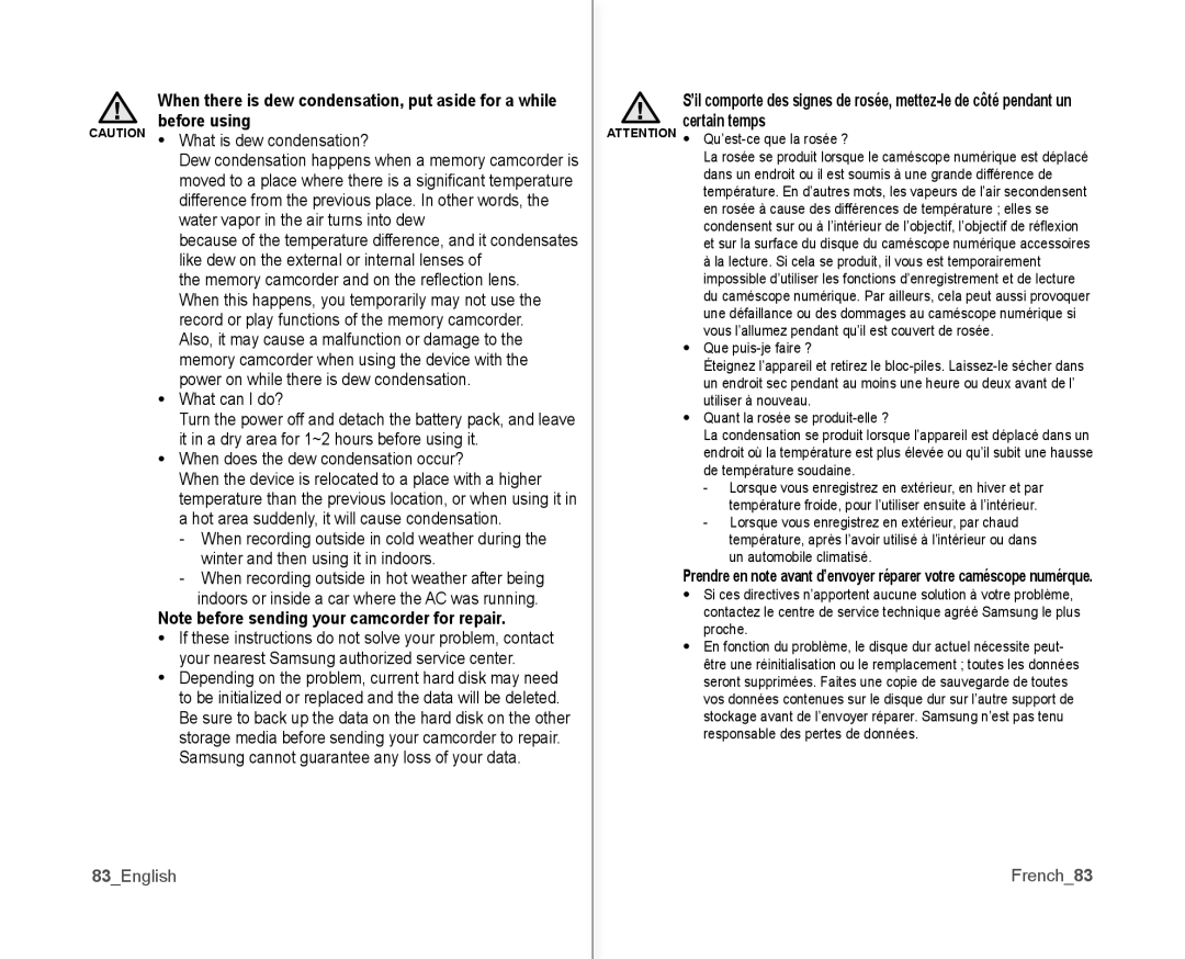 Samsung SC-MX10P user manual What can I do?, When does the dew condensation occur?, 83English, French83 