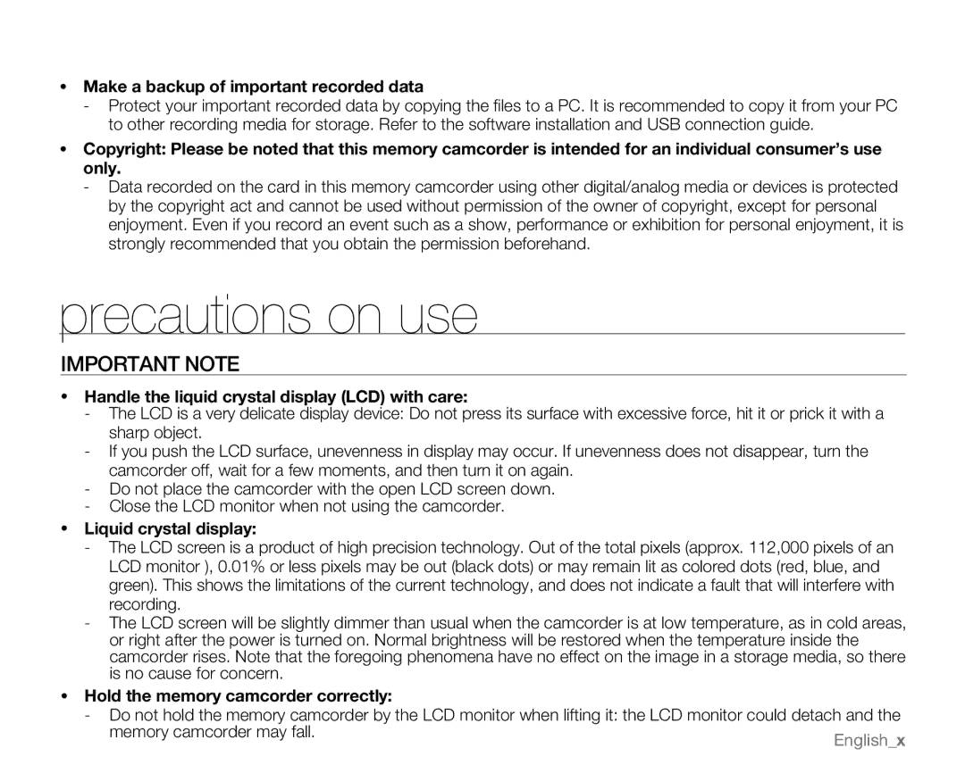 Samsung SC-MX20H, SC-MX20ER, SC-MX20EL, SC-MX20B, SC-MX20CH, sc-mx20r, SC-MX20L user manual Precautions on use, Important Note 