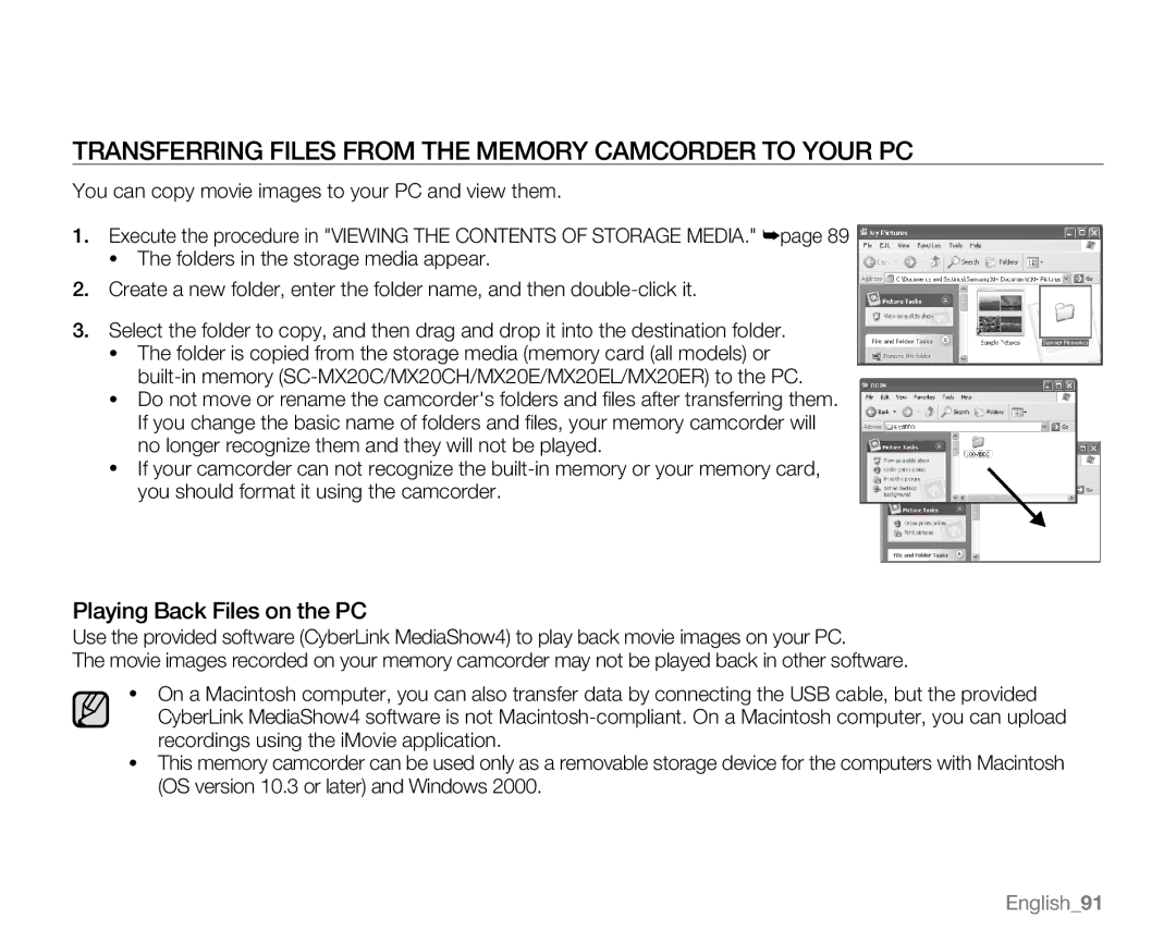 Samsung SC-MX20ER, SC-MX20H, SC-MX20B Transferring Files from the memory camcorder to Your PC, Playing Back Files on the PC 