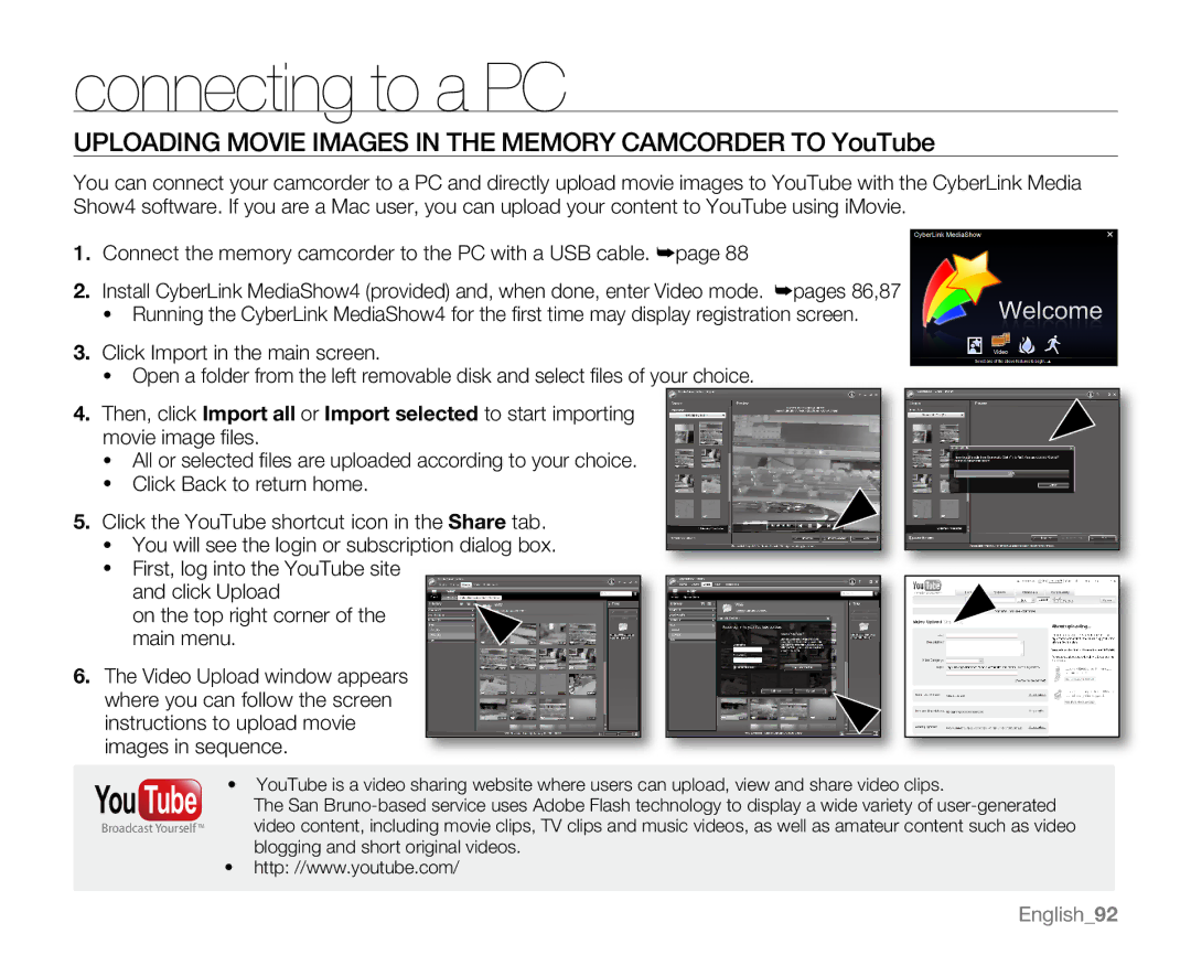 Samsung SC-MX20EL, SC-MX20H, SC-MX20ER, SC-MX20B Uploading movie Images in the memory camcorder to YouTube, You Tube 