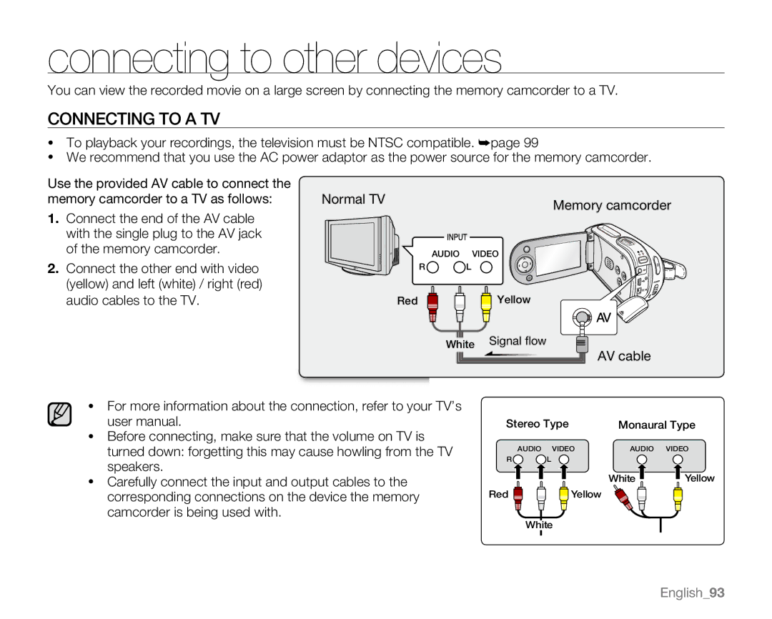 Samsung SC-MX20H, SC-MX20ER, SC-MX20EL, SC-MX20B, SC-MX20CH, sc-mx20r Connecting to other devices, Connecting to a TV 