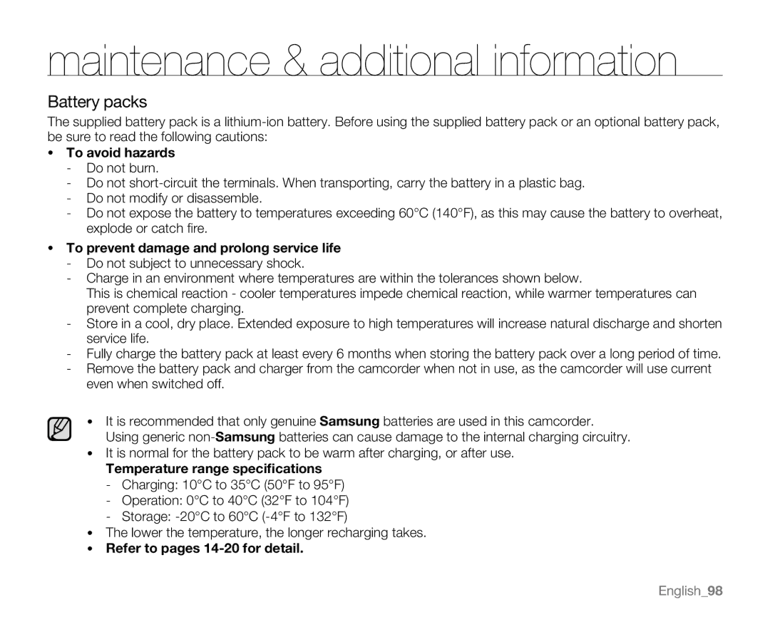 Samsung SC-MX20L, SC-MX20H, SC-MX20ER, SC-MX20EL Battery packs, To avoid hazards, To prevent damage and prolong service life 