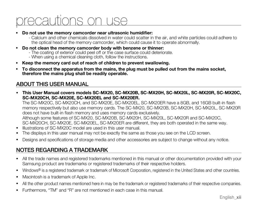 Samsung SC-MX20EL Do not use the memory camcorder near ultrasonic humidifier, Macintosh is a trademark of Apple Inc 