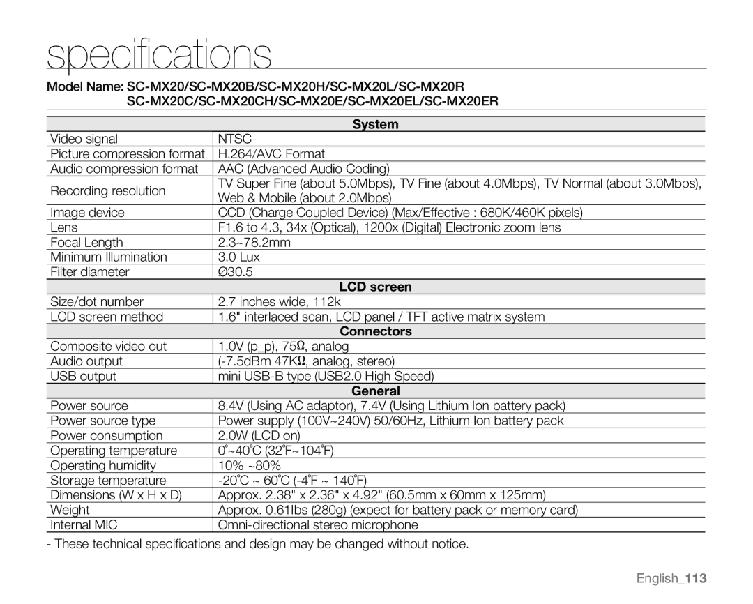 Samsung SC-MX20H, SC-MX20ER, SC-MX20EL, SC-MX20B, SC-MX20CH, sc-mx20r, SC-MX20L user manual Specifications, Ntsc 