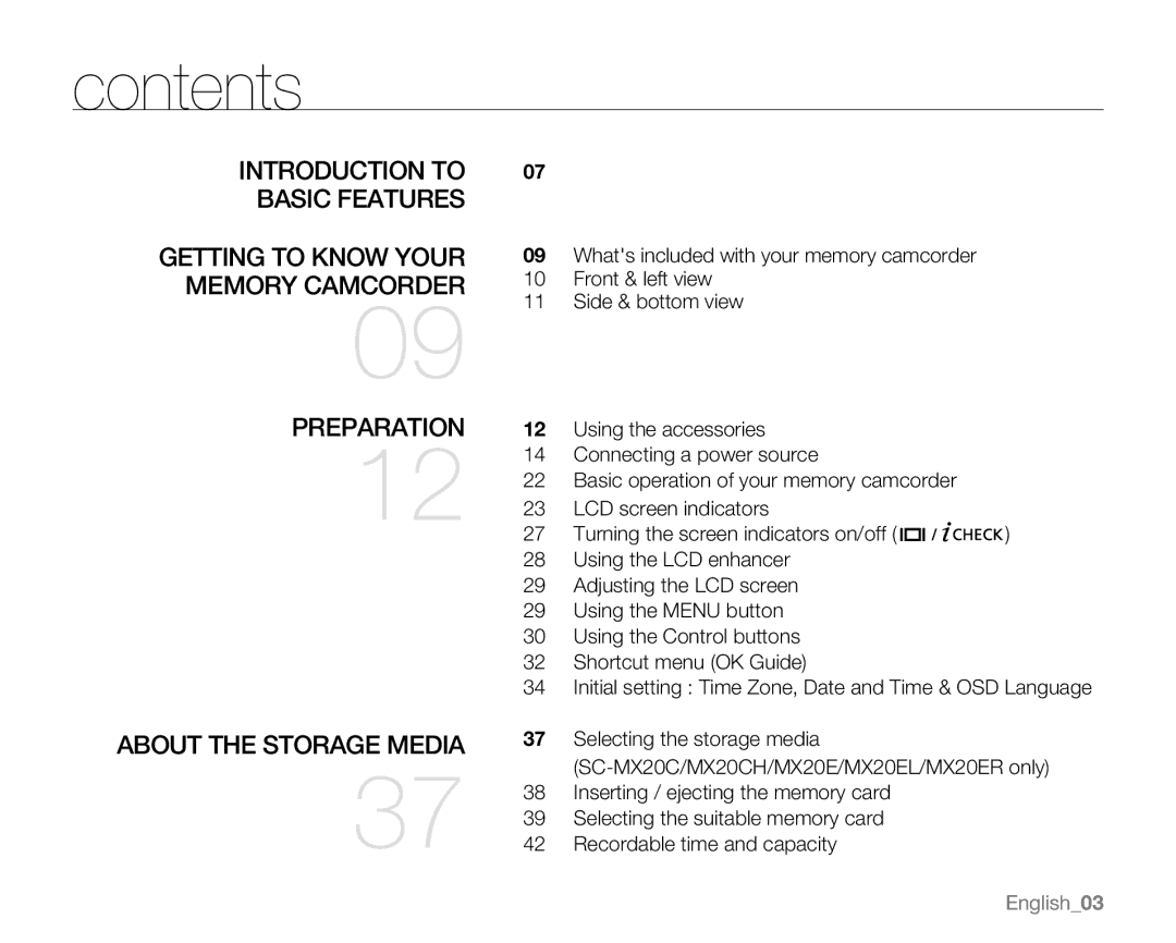 Samsung SC-MX20H, SC-MX20ER, SC-MX20EL, SC-MX20B, SC-MX20CH, sc-mx20r, SC-MX20L user manual Contents 