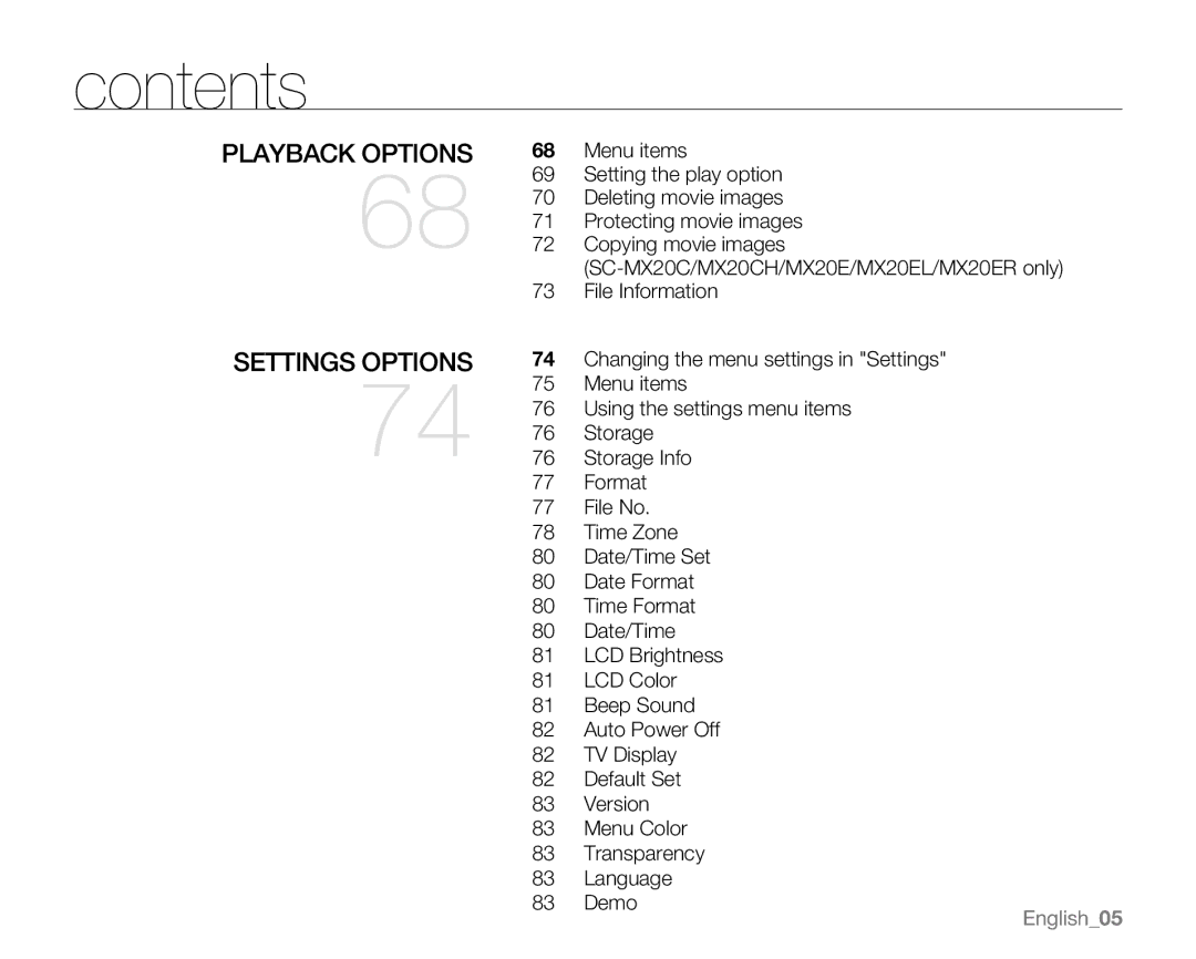 Samsung SC-MX20H, SC-MX20ER, SC-MX20EL, SC-MX20B, SC-MX20CH, sc-mx20r, SC-MX20L user manual Playback options SETTINGs Options 