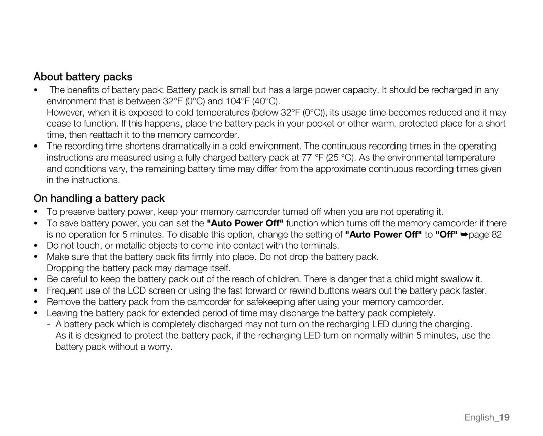 Samsung SC-MX20H, SC-MX20ER, SC-MX20EL, SC-MX20B, SC-MX20CH, sc-mx20r About battery packs, On handling a battery pack 