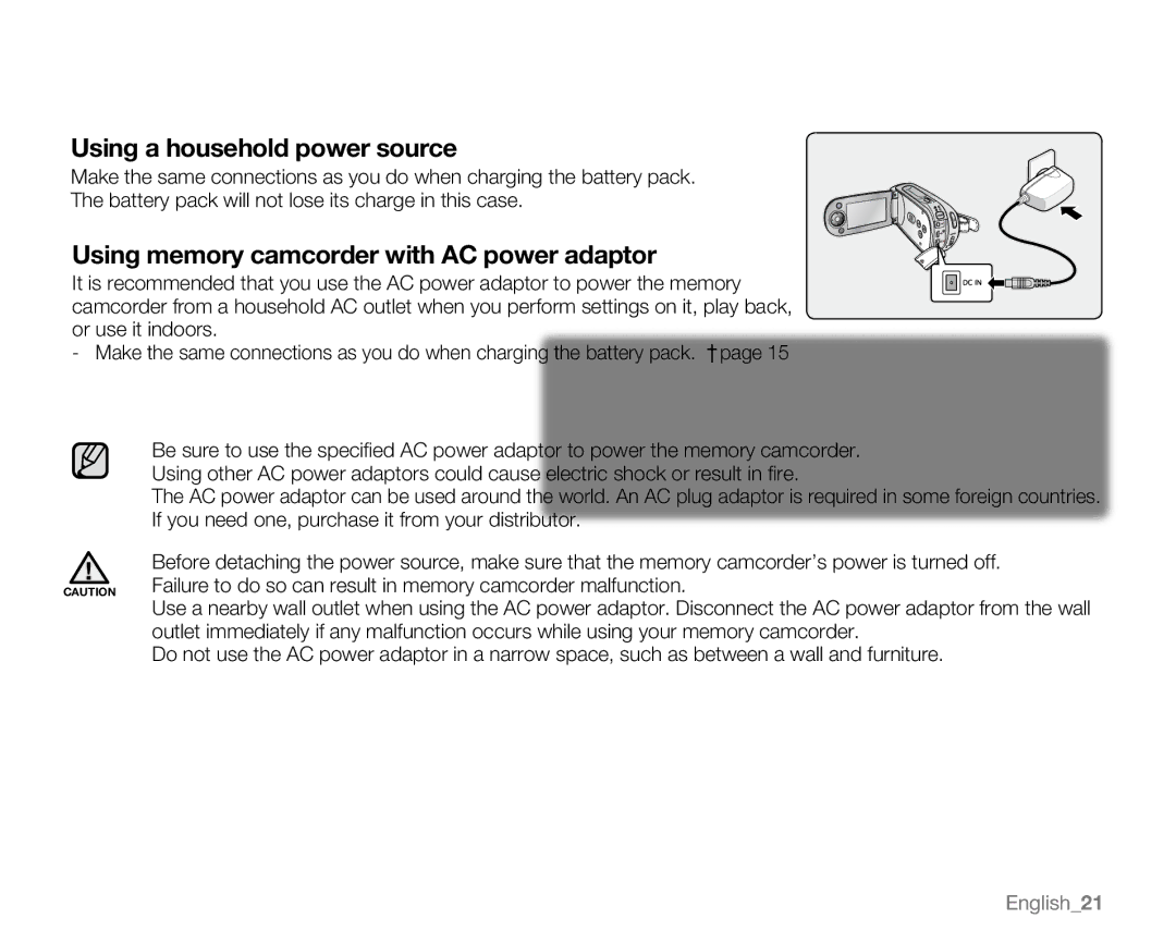 Samsung SC-MX20ER, SC-MX20H, SC-MX20EL, SC-MX20B, SC-MX20CH, sc-mx20r, SC-MX20L user manual Using a household power source 