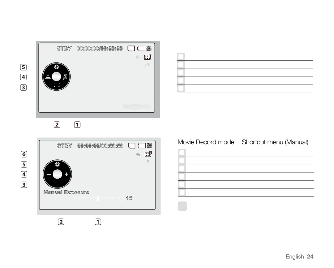 Samsung SC-MX20B, SC-MX20H, SC-MX20ER Movie Record mode Shortcut menu OK Guide, Movie Record mode Shortcut menu Manual 