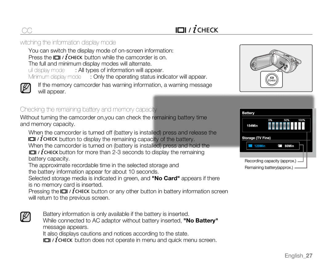 Samsung sc-mx20r, SC-MX20H, SC-MX20ER, SC-MX20B Turning the Screen Indicators ON/OFF, Switching the information display mode 