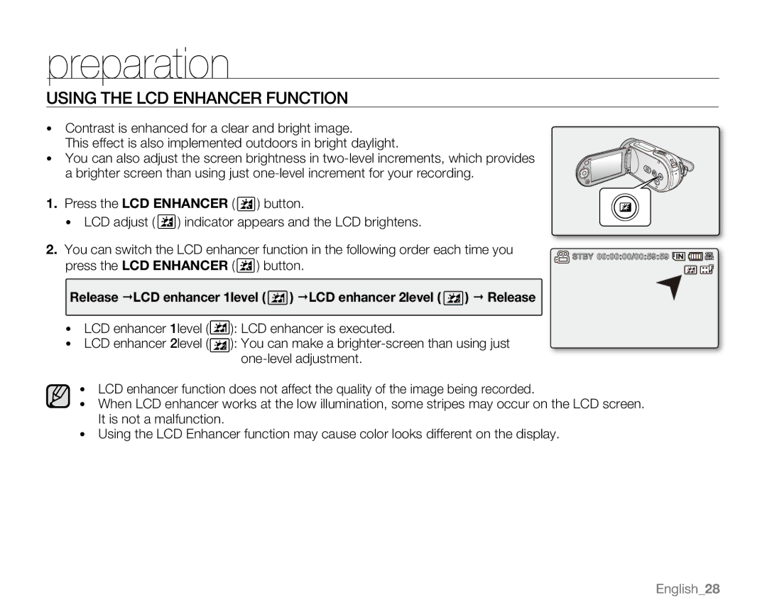 Samsung SC-MX20L, SC-MX20H, SC-MX20ER, SC-MX20EL, SC-MX20B, SC-MX20CH, sc-mx20r user manual Using the LCD Enhancer Function 