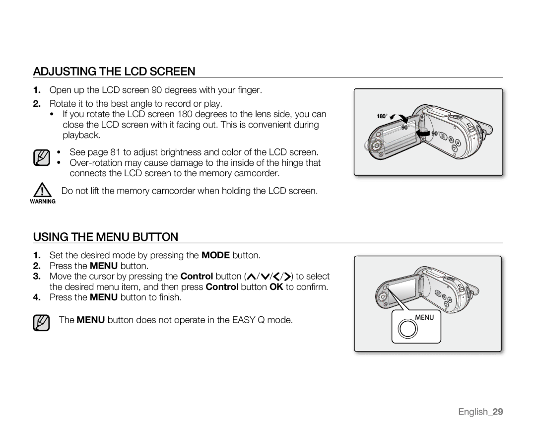 Samsung SC-MX20H, SC-MX20ER, SC-MX20EL, SC-MX20B, SC-MX20CH, sc-mx20r Adjusting the LCD screen, Using the Menu button 