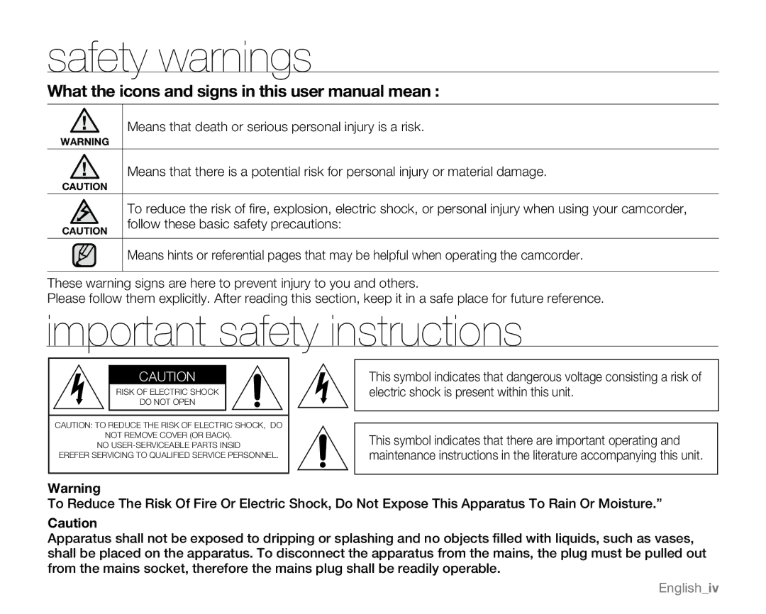 Samsung SC-MX20B, SC-MX20H, SC-MX20ER Safety warnings, Important safety instructions, Follow these basic safety precautions 