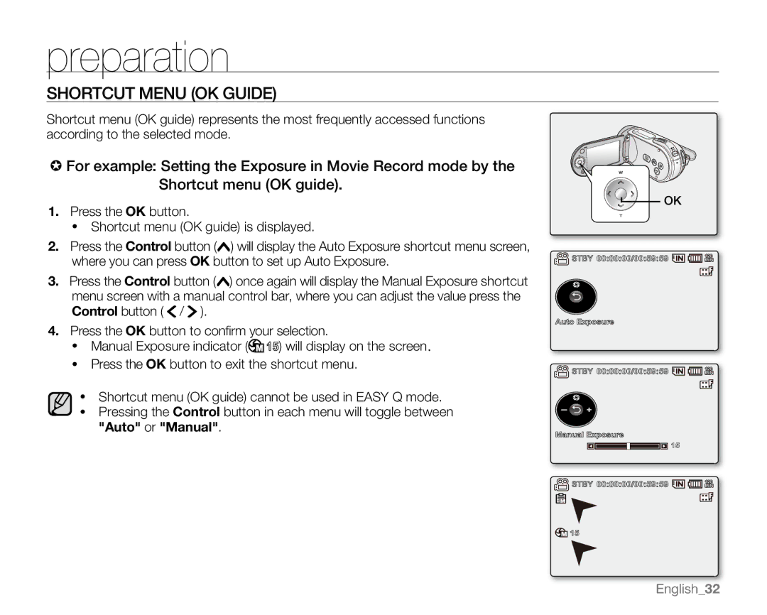 Samsung SC-MX20EL, SC-MX20H, SC-MX20ER, SC-MX20B, SC-MX20CH, sc-mx20r, SC-MX20L user manual Shortcut Menu OK Guide 