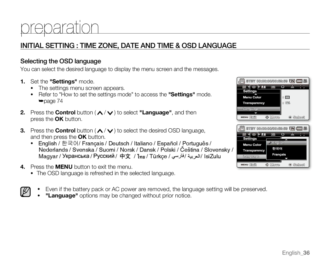 Samsung SC-MX20CH, SC-MX20H, SC-MX20ER, SC-MX20EL, SC-MX20B, sc-mx20r, SC-MX20L user manual Selecting the OSD language 