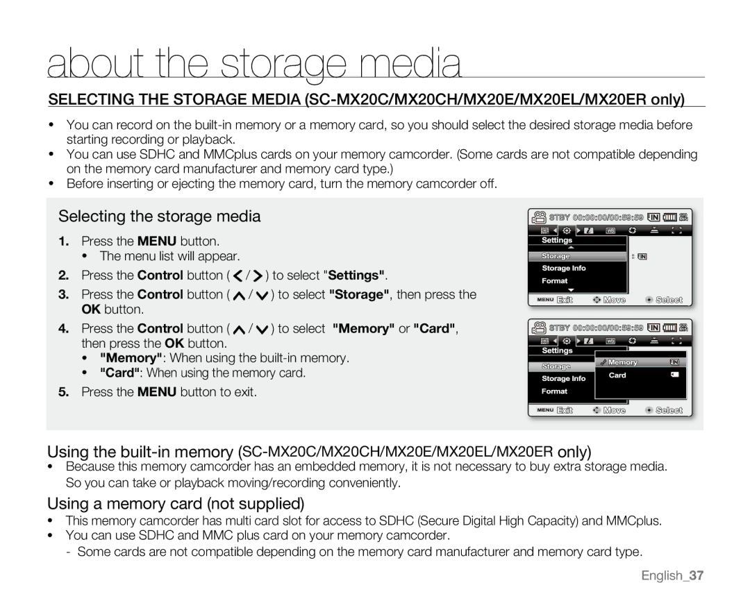 Samsung sc-mx20r, SC-MX20H, SC-MX20E About the storage media, Selecting the storage media, Using a memory card not supplied 