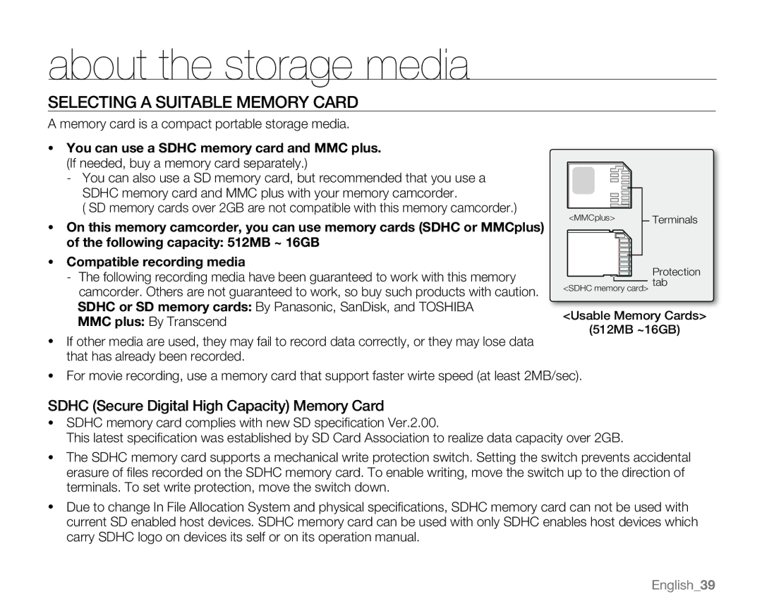 Samsung SC-MX20H, SC-MX20ER, SC-MX20EL Selecting a suitable memory card, Sdhc Secure Digital High Capacity Memory Card 