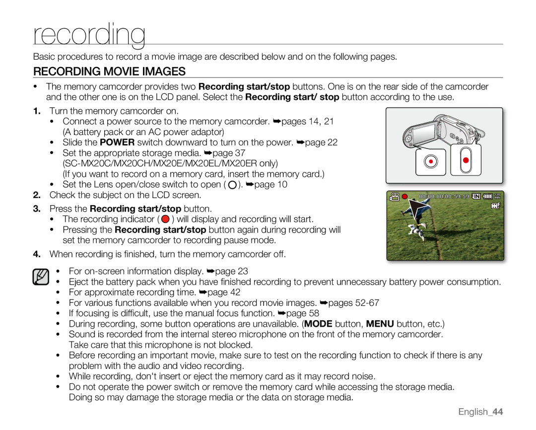 Samsung SC-MX20B, SC-MX20H, SC-MX20ER, SC-MX20EL, SC-MX20C Recording Movie Images, Press the Recording start/stop button 