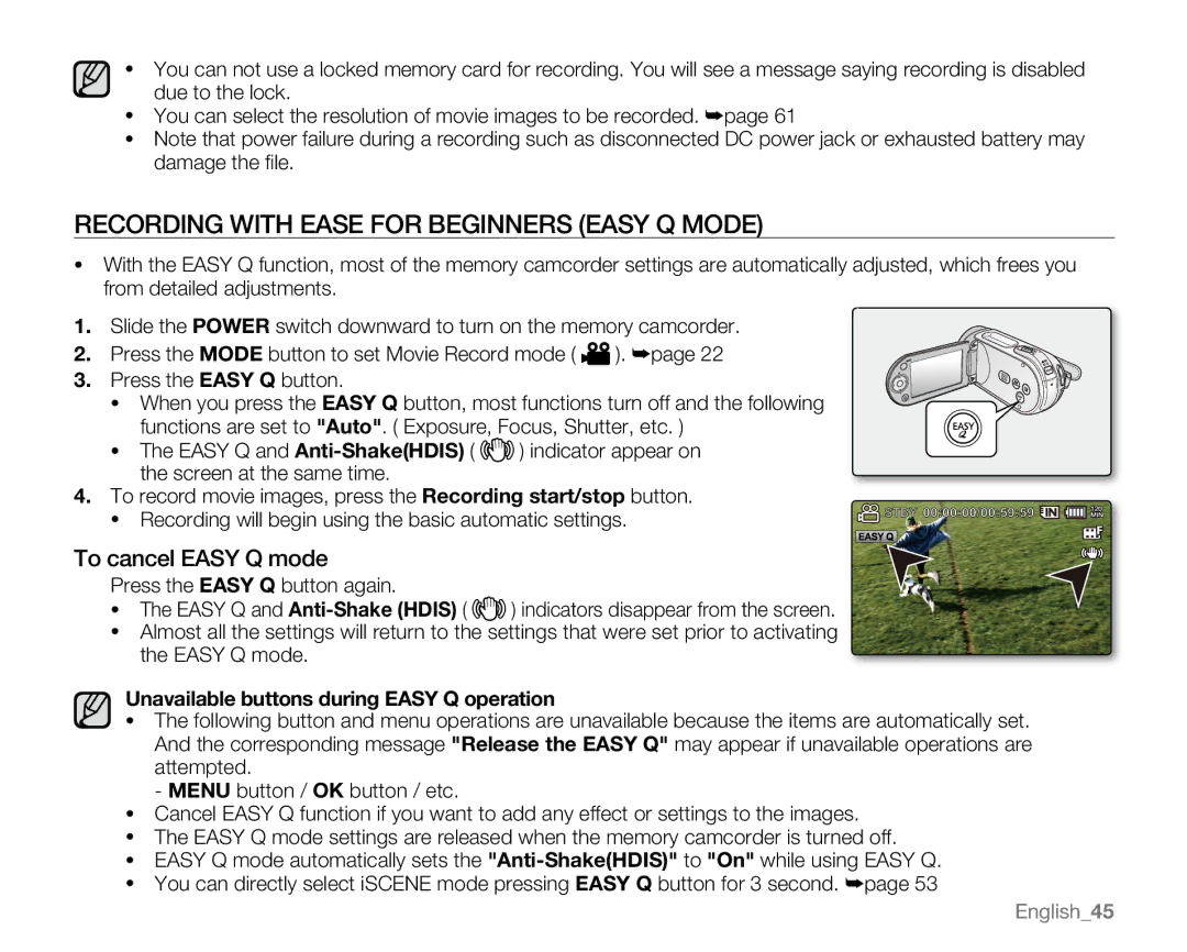 Samsung SC-MX20C Recording with Ease for Beginners Easy Q Mode, To cancel Easy Q mode, Easy Q and Anti-Shake Hdis 