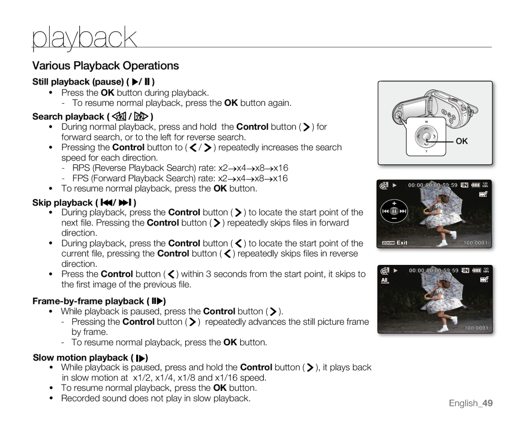 Samsung SC-MX20H Various Playback Operations, Still playback pause , Skip playback, Frame-by-frame playback  