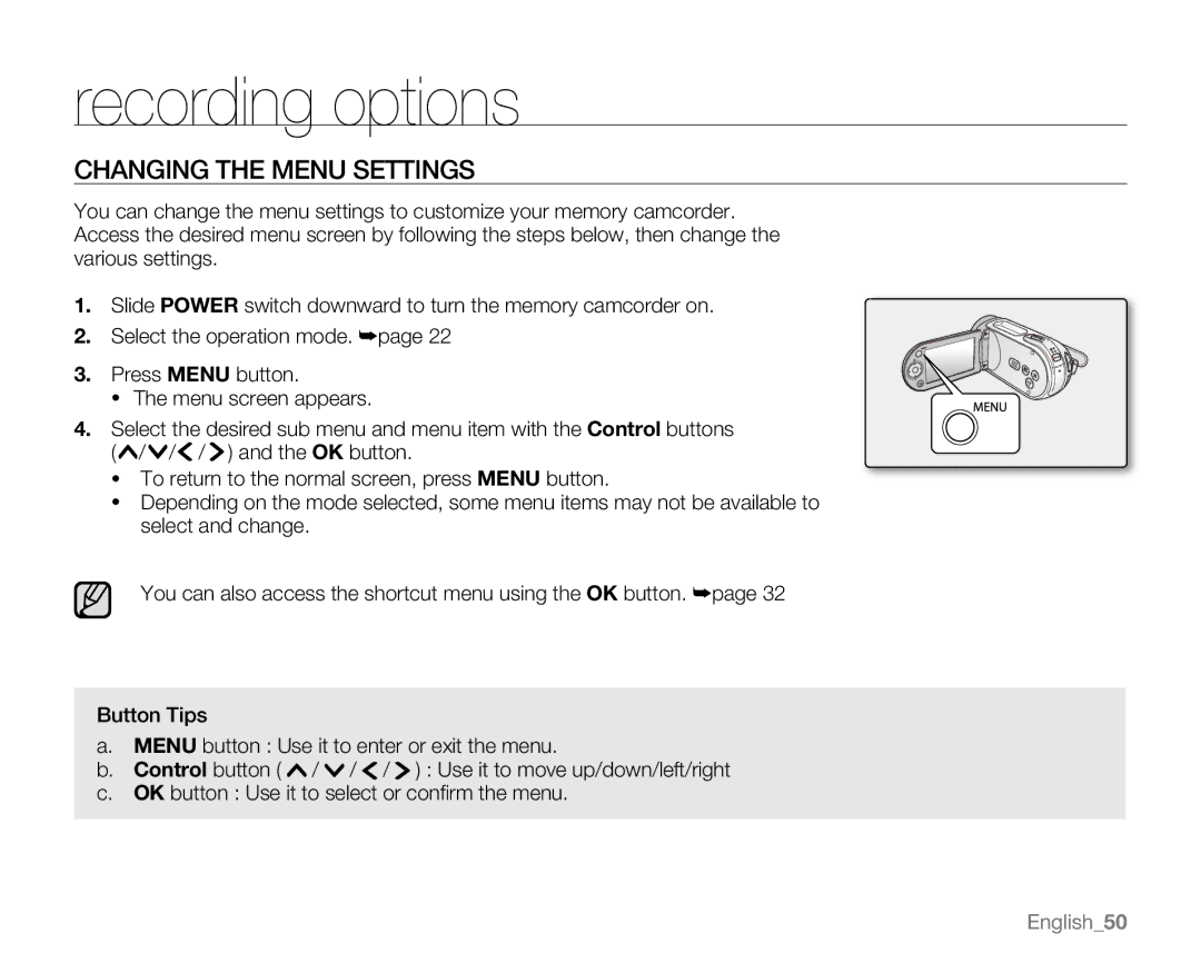 Samsung SC-MX20H, SC-MX20ER, SC-MX20EL, SC-MX20B, SC-MX20CH, sc-mx20r Recording options, Changing the Menu Settings 