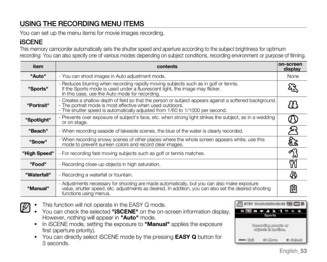 Samsung SC-MX20H, SC-MX20ER, SC-MX20EL, SC-MX20B, SC-MX20CH, sc-mx20r, SC-MX20L Using the Recording Menu Items, Iscene 