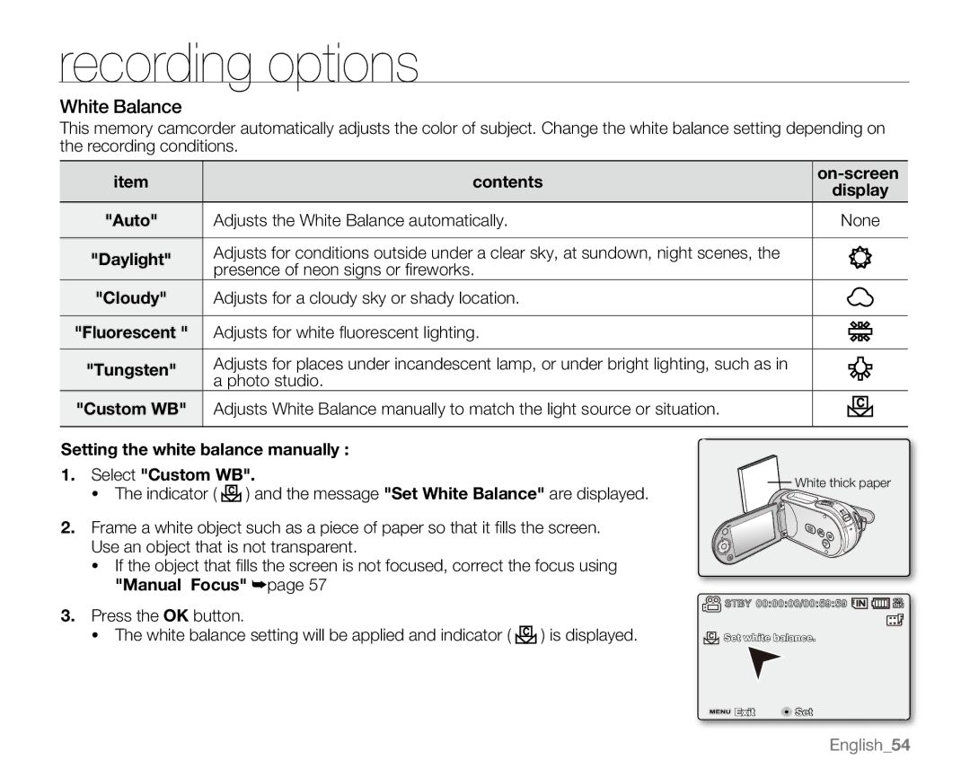 Samsung SC-MX20B, SC-MX20H, SC-MX20ER, SC-MX20EL, SC-MX20CH, sc-mx20r, SC-MX20L user manual White Balance 