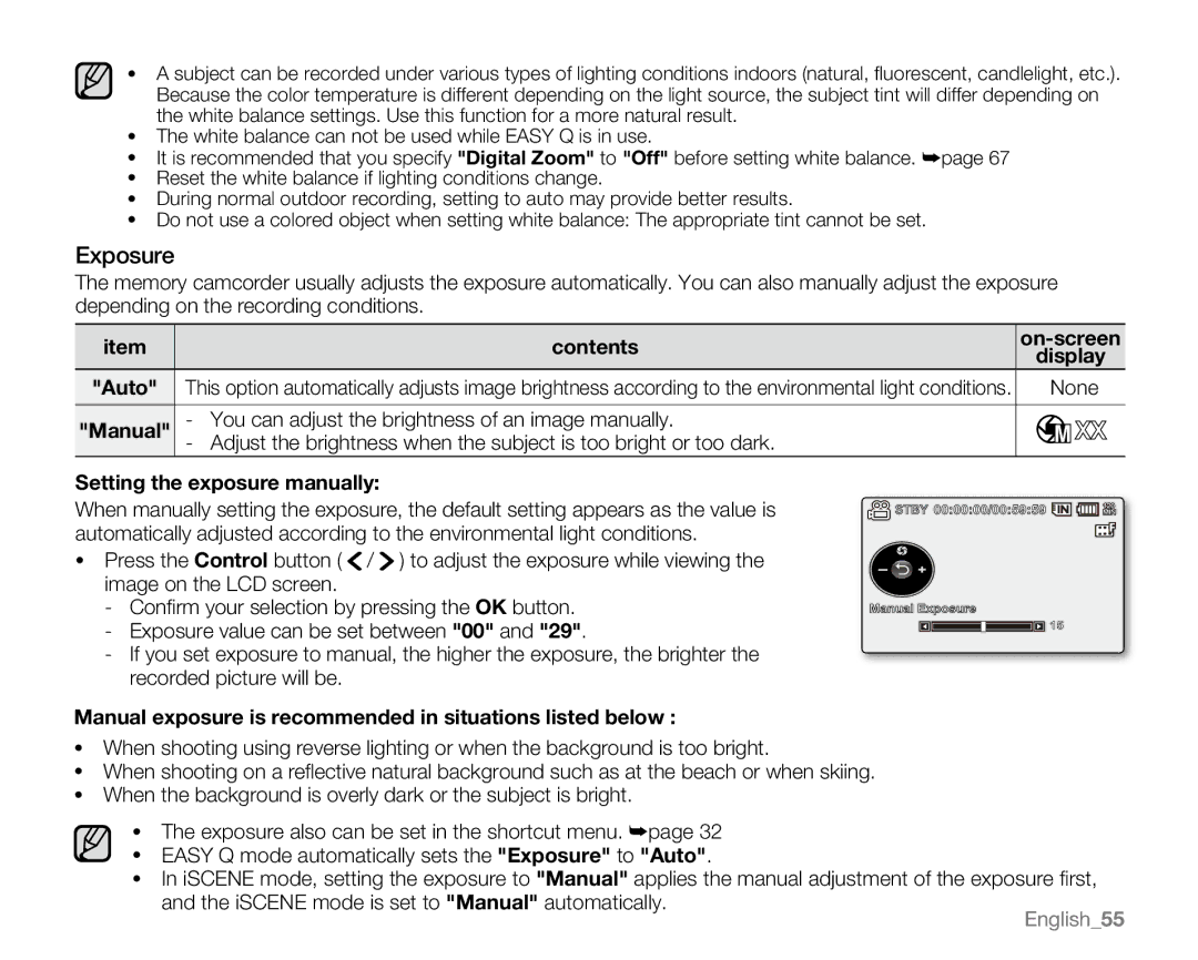 Samsung SC-MX20C, SC-MX20H, SC-MX20ER Exposure, Contents, None, Manual exposure is recommended in situations listed below 