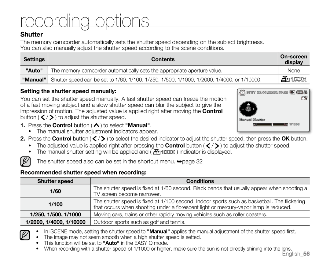 Samsung SC-MX20CH, SC-MX20H, SC-MX20ER Setting the shutter speed manually, Recommended shutter speed when recording 