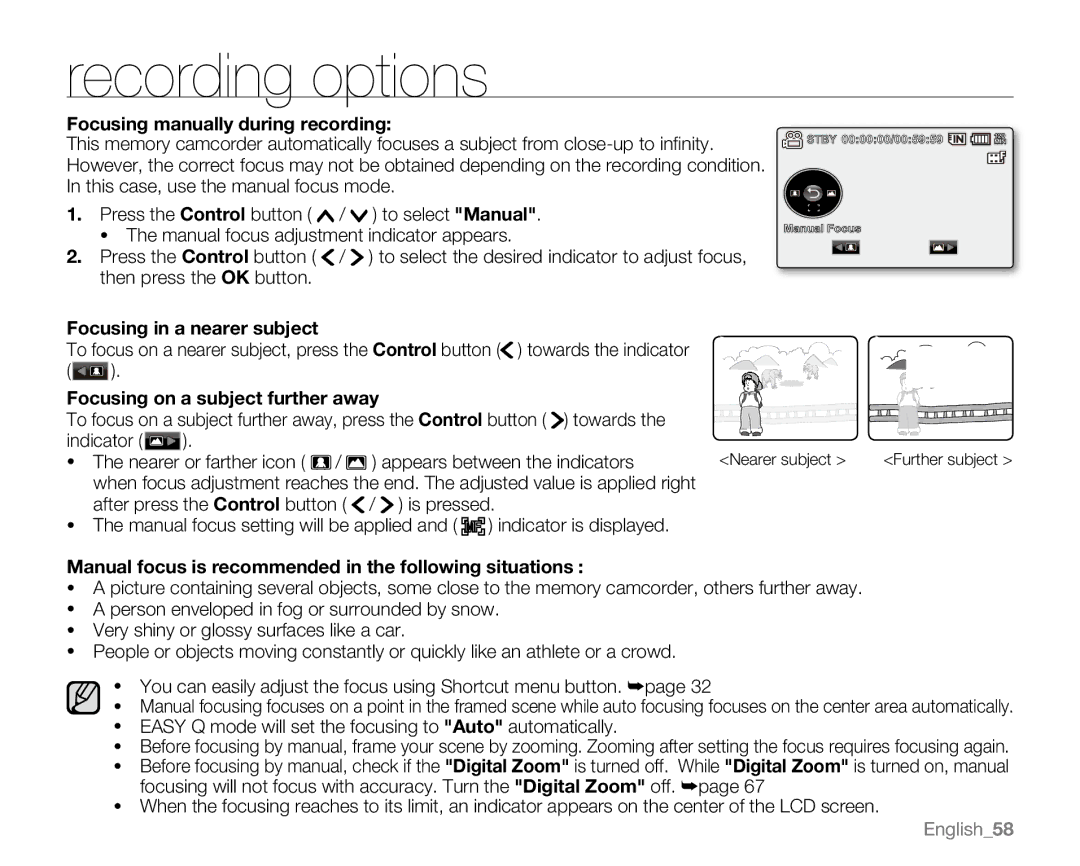 Samsung SC-MX20L Focusing manually during recording, Focusing in a nearer subject, Focusing on a subject further away 