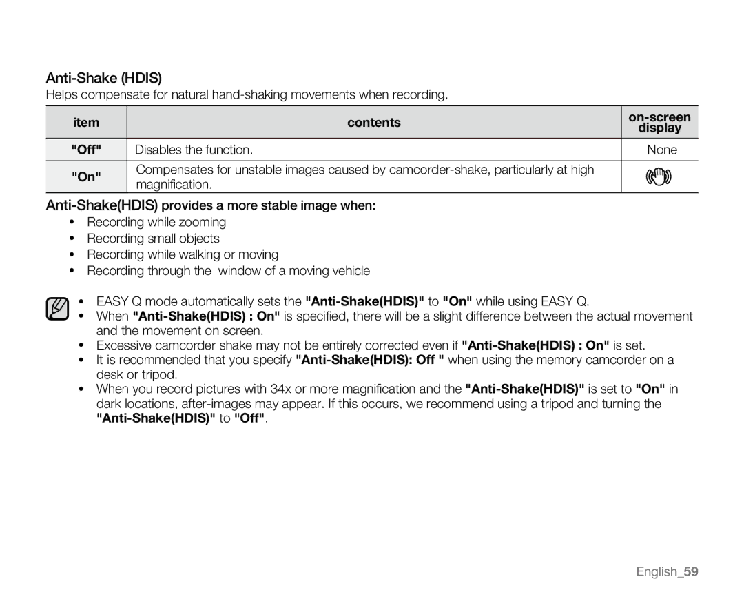 Samsung SC-MX20H, SC-MX20ER, SC-MX20EL, SC-MX20B, SC-MX20CH, sc-mx20r, SC-MX20L user manual Anti-Shake Hdis 