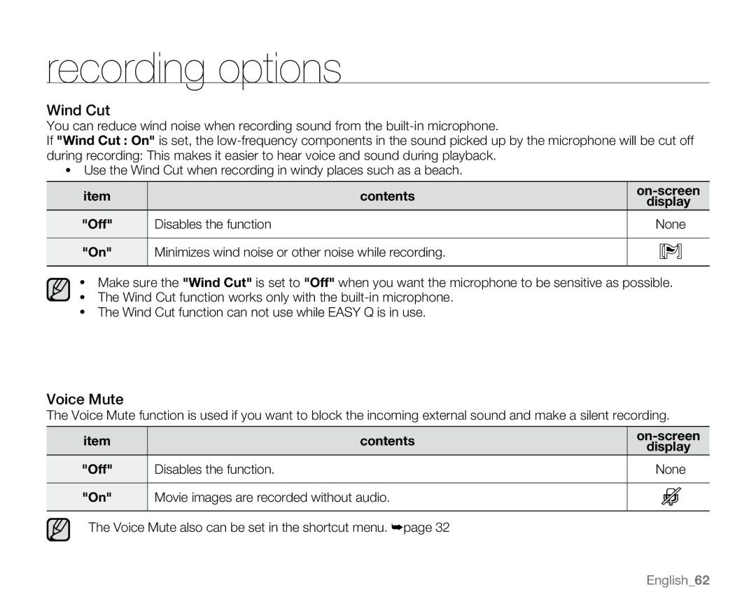 Samsung SC-MX20EL Wind Cut, Voice Mute, Disables the function, On-screen Display, Movie images are recorded without audio 