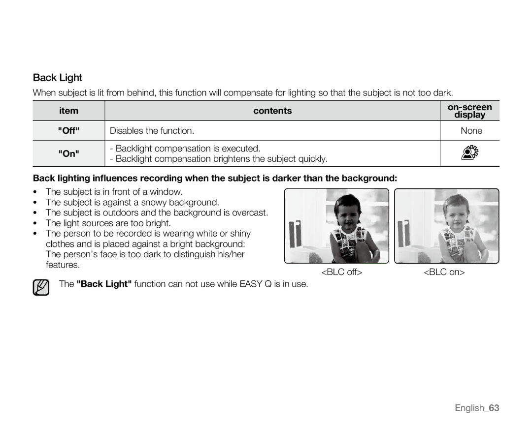 Samsung SC-MX20H, SC-MX20ER, SC-MX20EL, SC-MX20B, SC-MX20CH, sc-mx20r Back Light, Backlight compensation is executed 