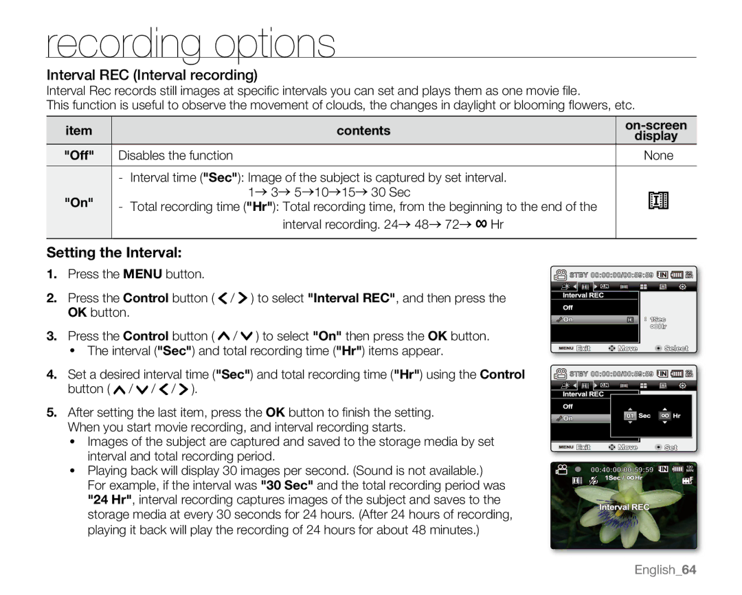 Samsung SC-MX20B, SC-MX20H, SC-MX20ER, SC-MX20EL, SC-MX20CH, sc-mx20r Interval REC Interval recording, Setting the Interval 