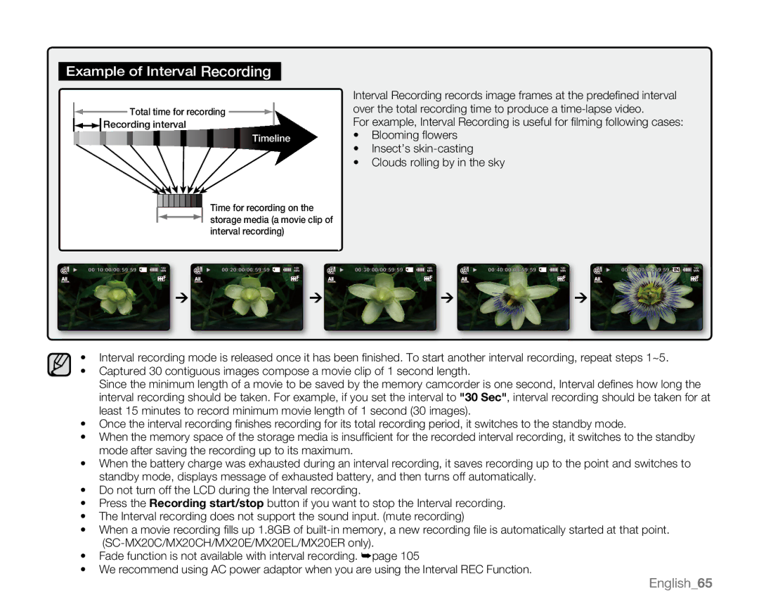 Samsung SC-MX20H, SC-MX20ER, SC-MX20EL, SC-MX20B, SC-MX20CH, sc-mx20r, SC-MX20L user manual Example of Interval Recording 