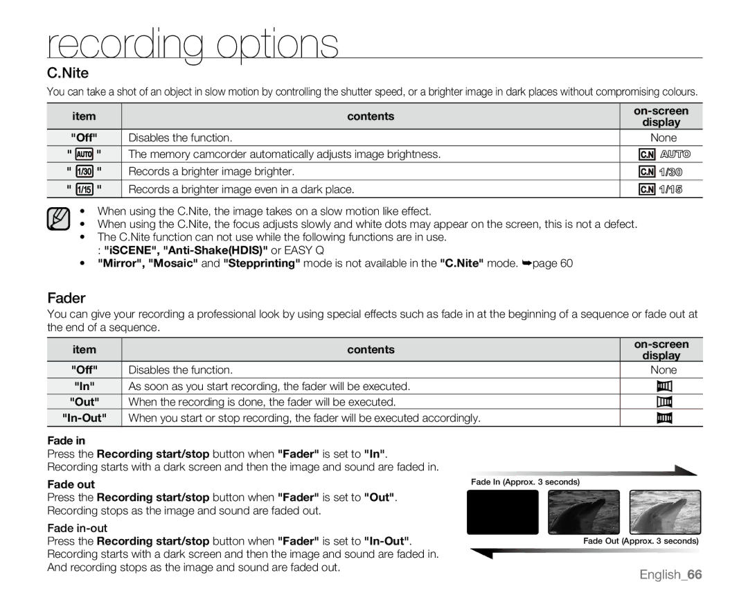 Samsung SC-MX20CH, SC-MX20H, SC-MX20ER, SC-MX20EL, SC-MX20B, sc-mx20r, SC-MX20L user manual Nite, Fader 