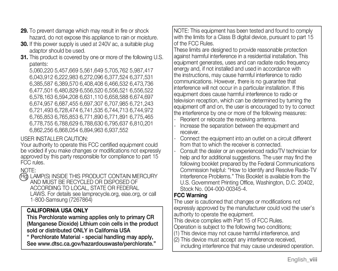 Samsung SC-MX20L, SC-MX20H, SC-MX20ER, SC-MX20EL, SC-MX20B, SC-MX20CH, sc-mx20r User Installer Caution, FCC Warning 