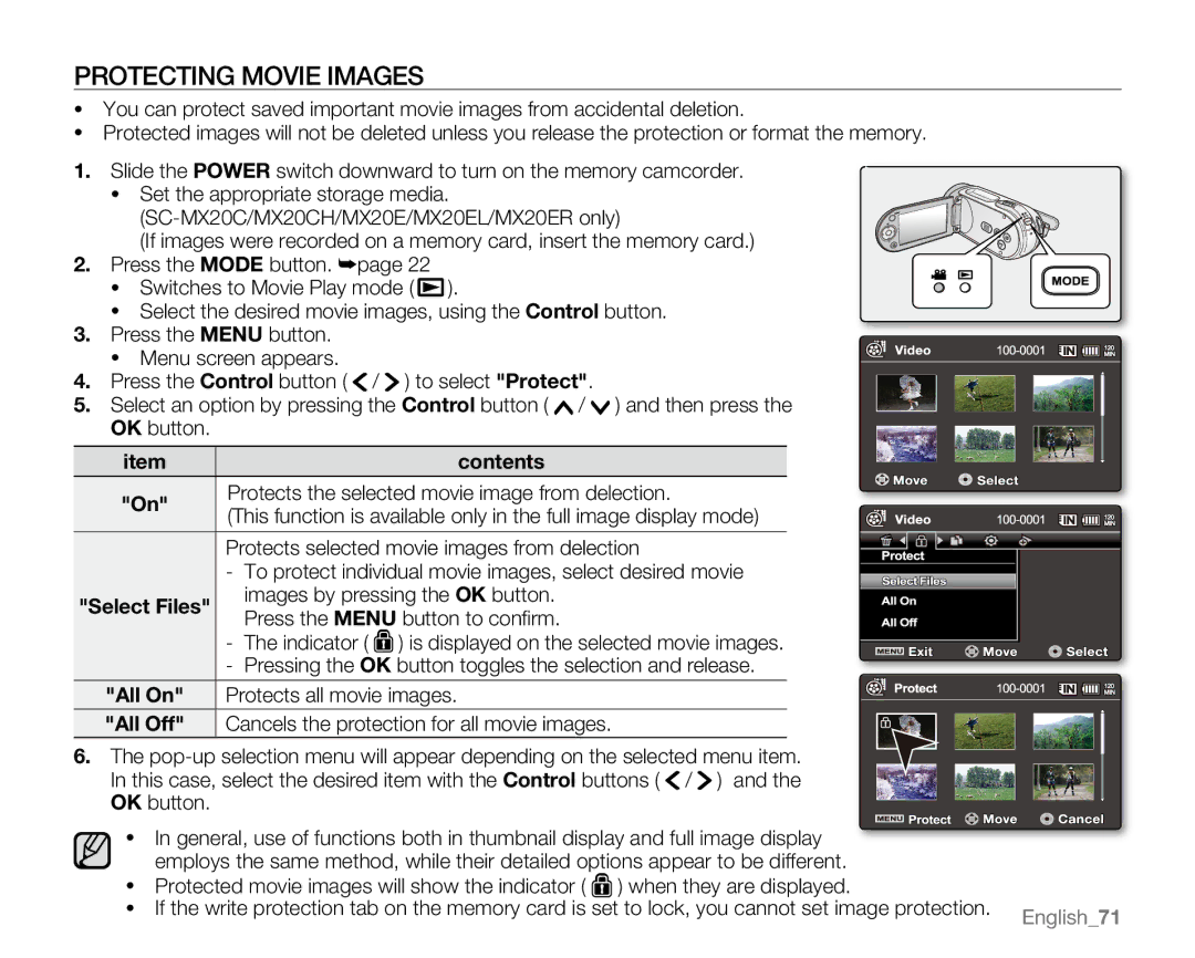 Samsung SC-MX20ER, SC-MX20H, SC-MX20EL, SC-MX20B, SC-MX20CH, sc-mx20r, SC-MX20L user manual Protecting Movie images 