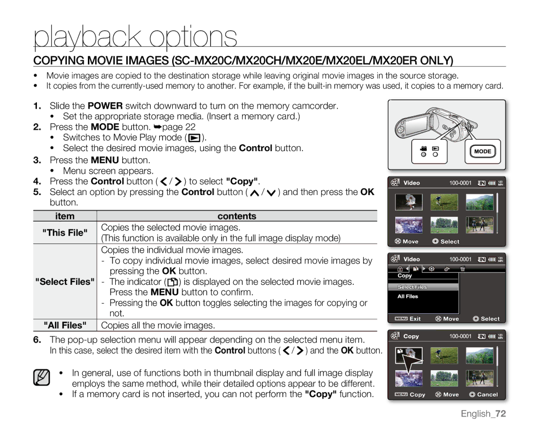 Samsung SC-MX20EL, SC-MX20H, SC-MX20ER Press the Control button / to select Copy, Button, Copies the selected movie images 