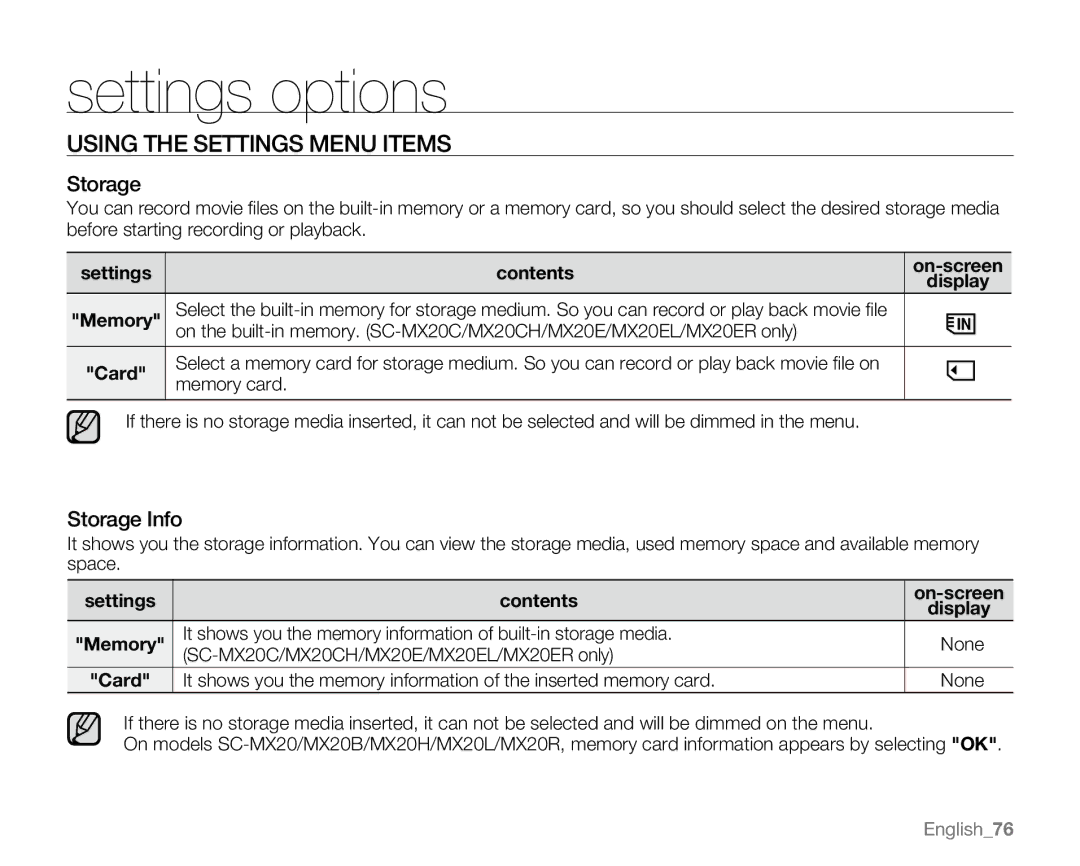 Samsung SC-MX20CH, SC-MX20H, SC-MX20ER, SC-MX20EL Using the settings Menu Items, Storage Info, Settings Contents 