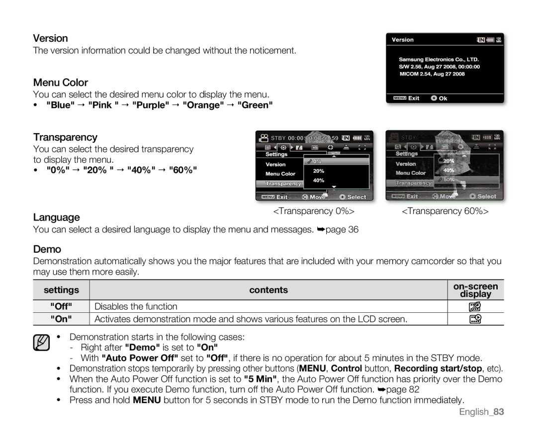 Samsung SC-MX20H, SC-MX20ER, SC-MX20EL, SC-MX20B, SC-MX20CH, sc-mx20r Version, Menu Color, Transparency, Language, Demo 