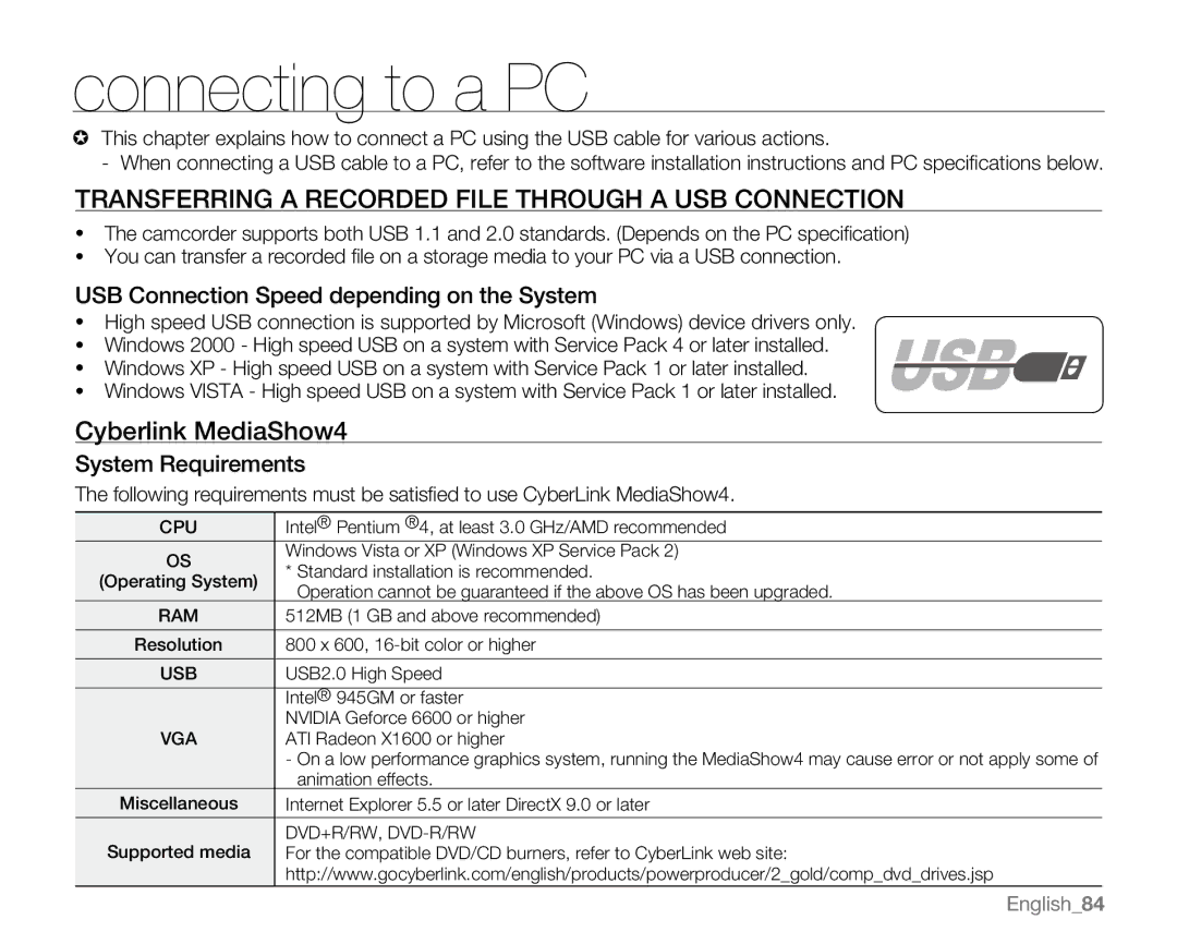 Samsung SC-MX20B, SC-MX20H Connecting to a pc, Transferring a Recorded File through a USB Connection, Cyberlink MediaShow4 