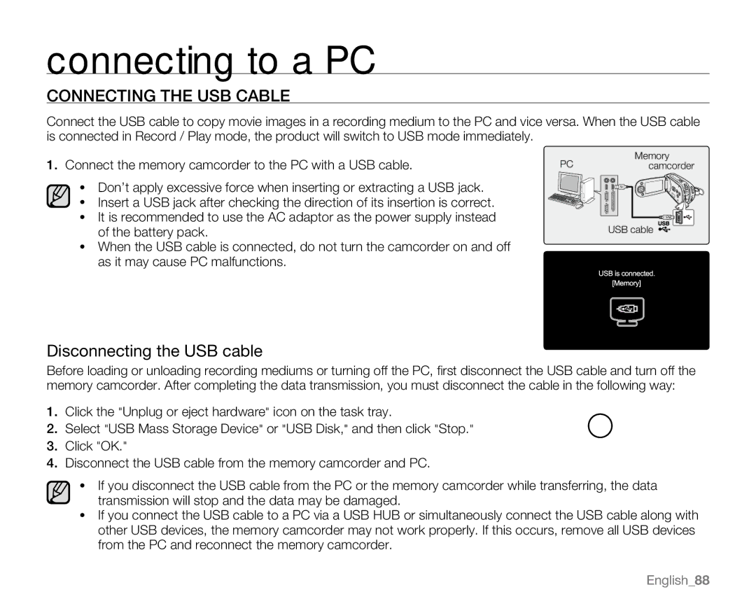 Samsung SC-MX20L, SC-MX20H, SC-MX20ER, SC-MX20EL, SC-MX20B, SC-MX20C Connecting the USB Cable, Disconnecting the USB cable 