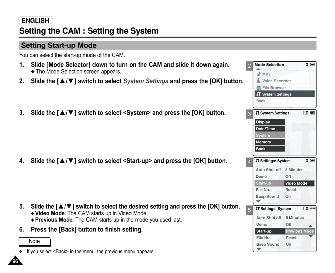 Samsung SC-X105L/X110L manual Setting Start-up Mode, You can select the start-up mode of the CAM 