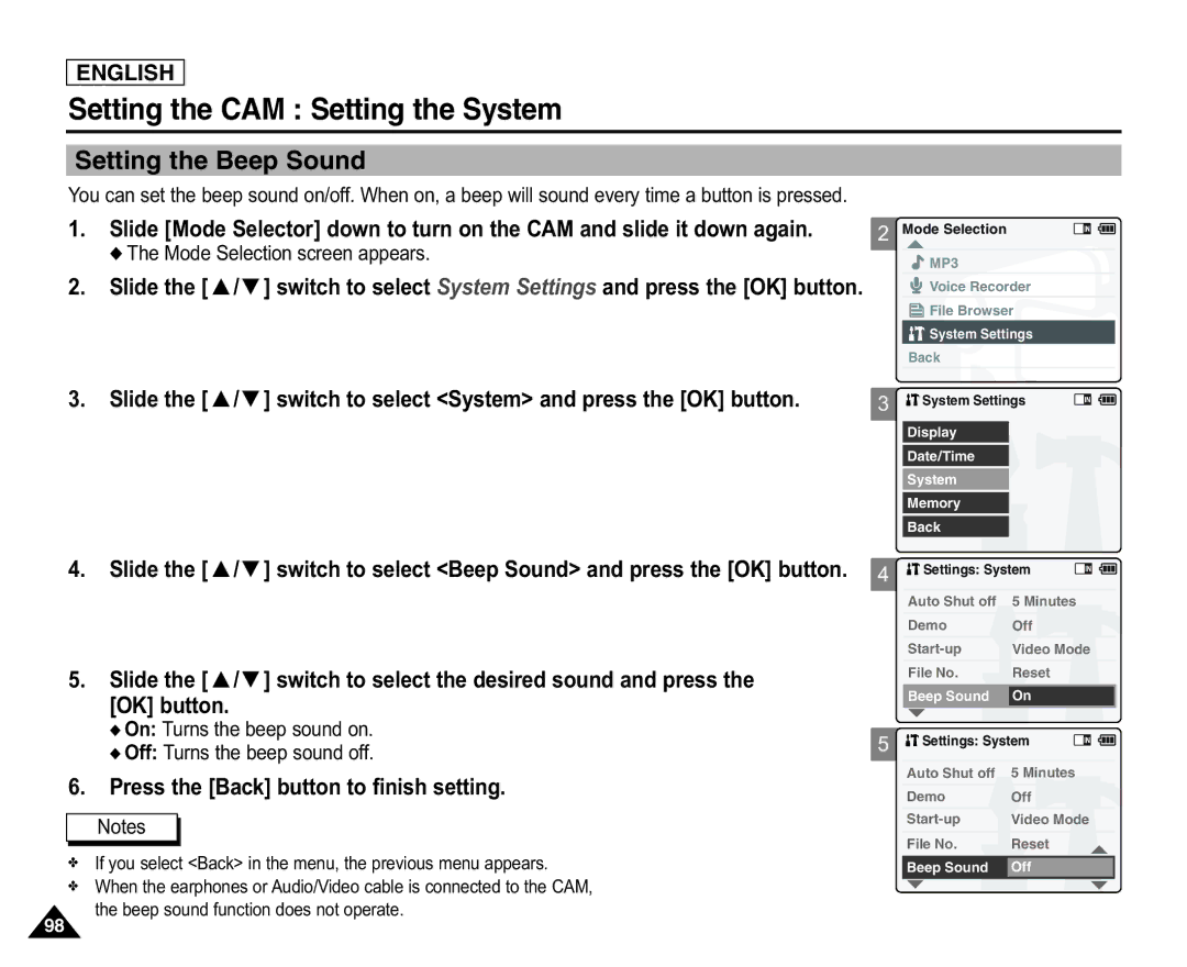 Samsung SC-X105L/X110L manual Setting the Beep Sound, On Turns the beep sound on Off Turns the beep sound off 