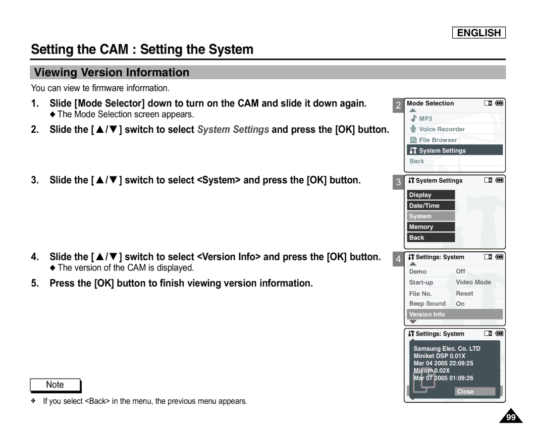 Samsung SC-X105L/X110L manual Viewing Version Information, You can view te firmware information 