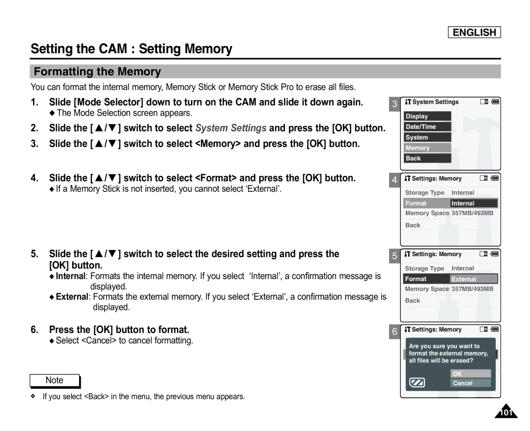 Samsung SC-X105L/X110L manual Setting the CAM Setting Memory, Formatting the Memory, Press the OK button to format 